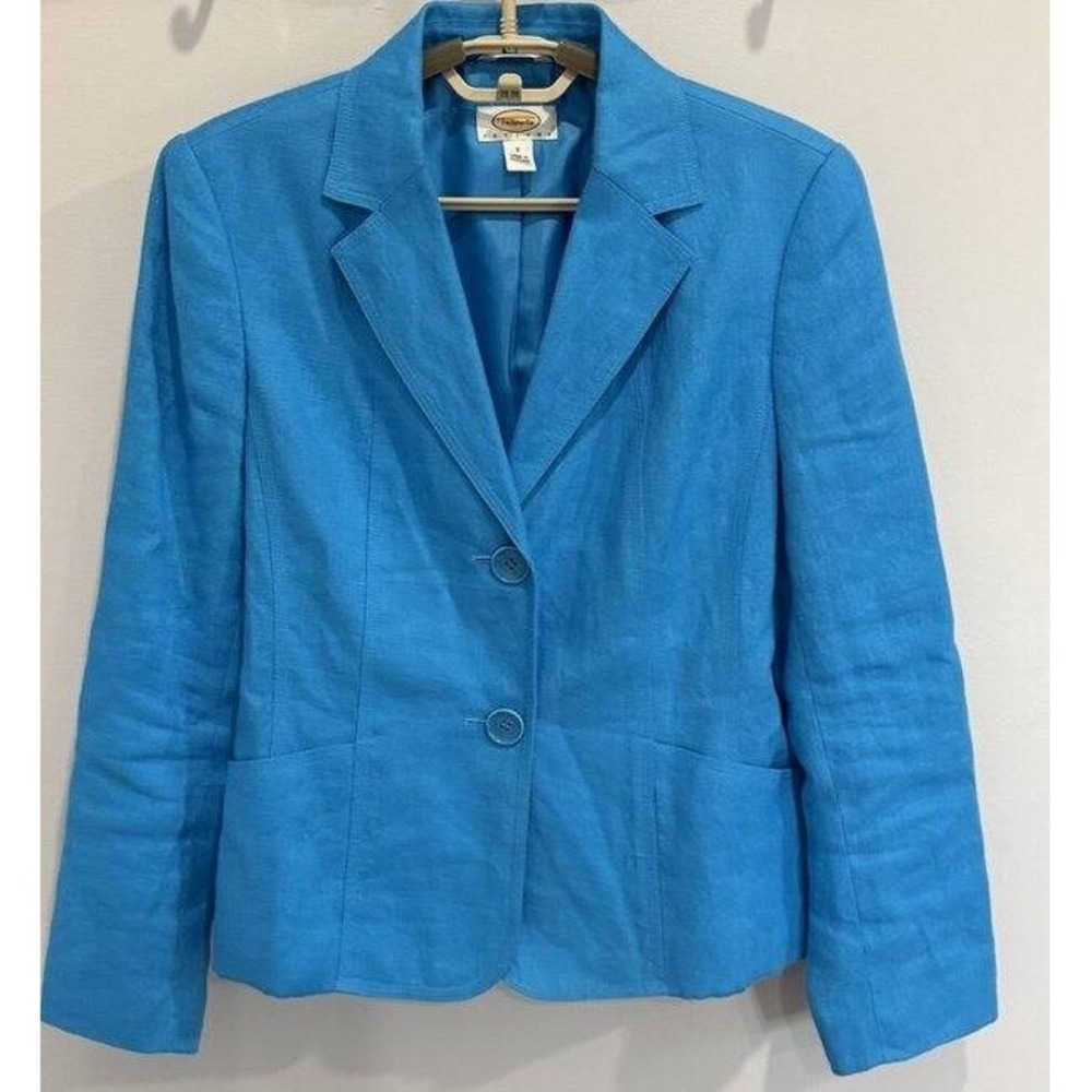 Talbots Petites Teal Blue Irish Linen Blazer Jacket 2 Button Size 8 Petite